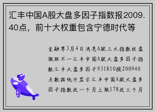 汇丰中国A股大盘多因子指数报2009.40点，前十大权重包含宁德时代等