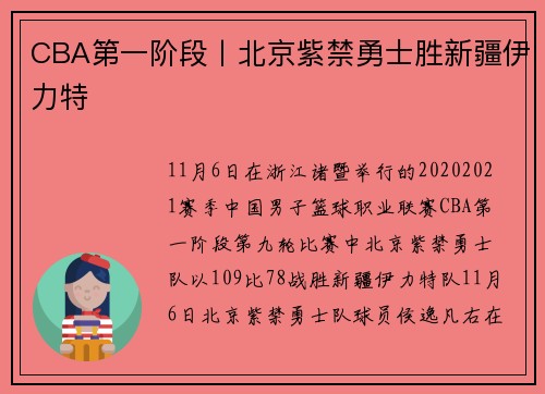 CBA第一阶段丨北京紫禁勇士胜新疆伊力特