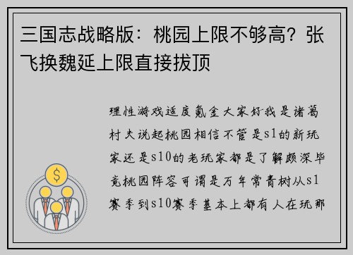 三国志战略版：桃园上限不够高？张飞换魏延上限直接拔顶